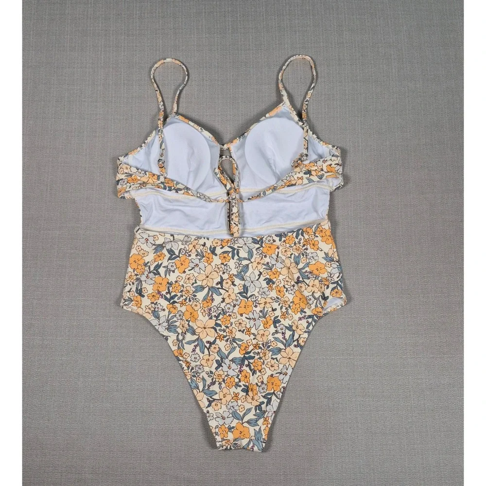 Cupshe Womens‎ Floral Cutout One Piece Swimsuit Yellow Blue Size L New NWT